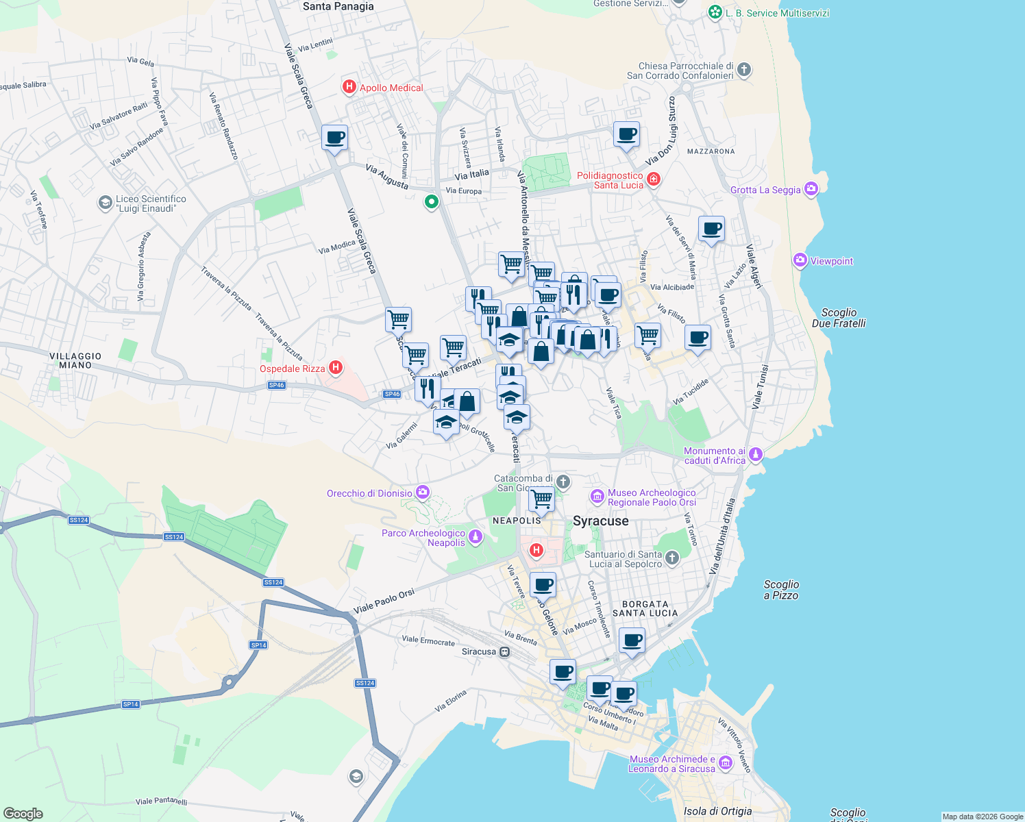 map of restaurants, bars, coffee shops, grocery stores, and more near 43 Viale Teracati in Siracusa