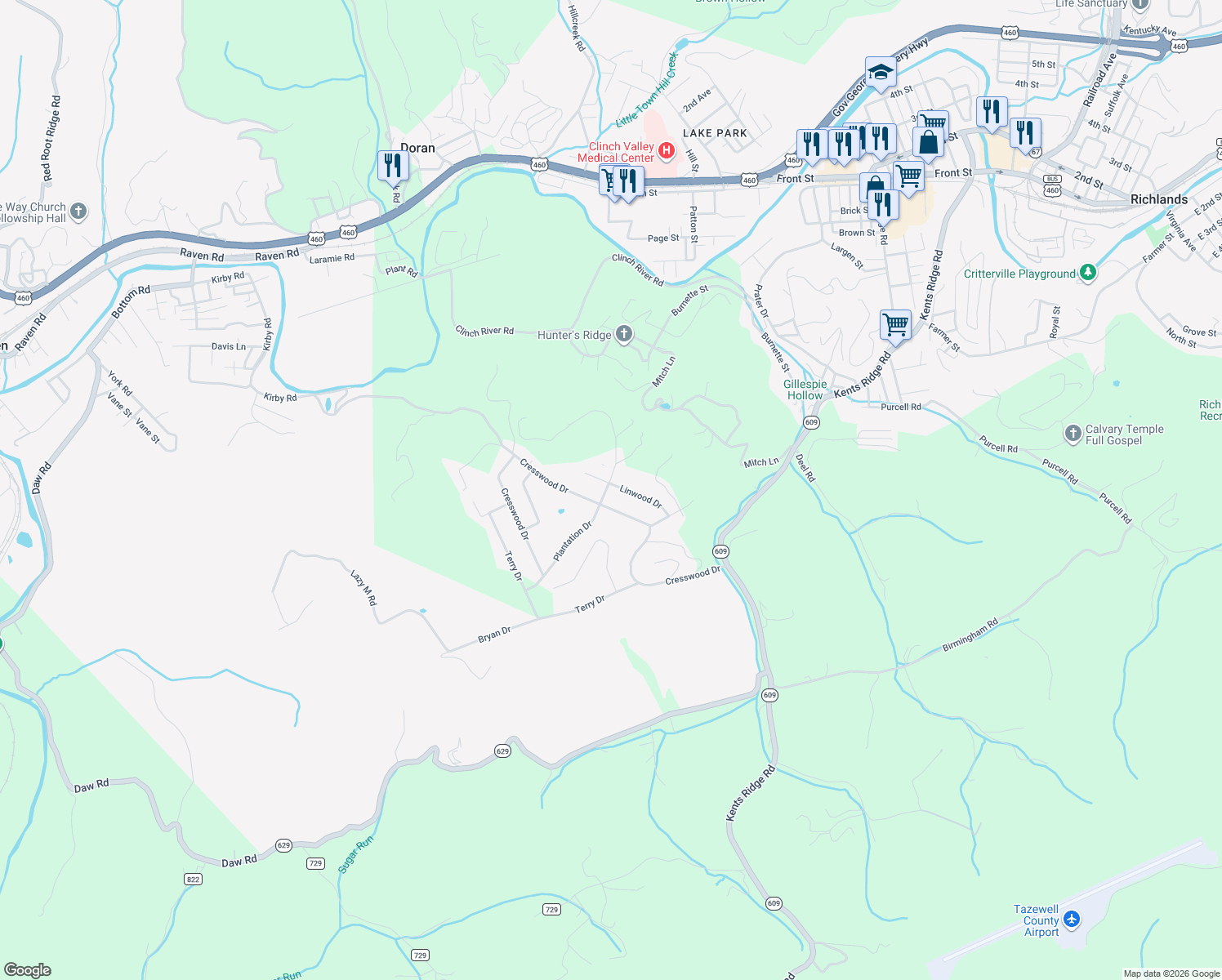 map of restaurants, bars, coffee shops, grocery stores, and more near 262 Linwood Dr in Richlands