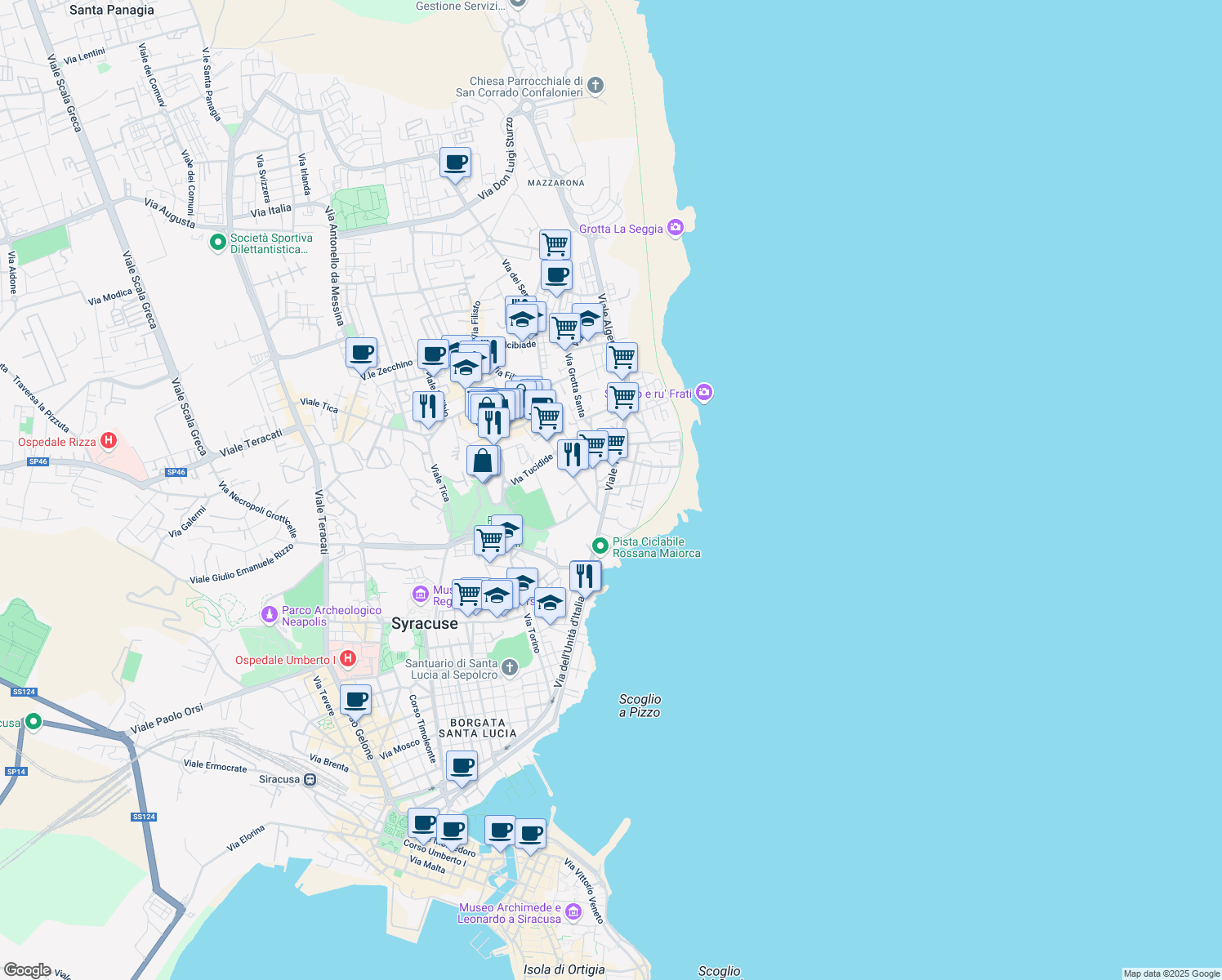 map of restaurants, bars, coffee shops, grocery stores, and more near 25 Viale Tunisi in Siracusa