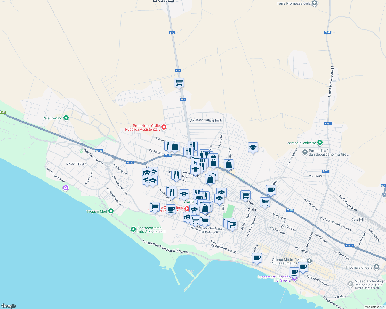 map of restaurants, bars, coffee shops, grocery stores, and more near 155 SP8 in Gela