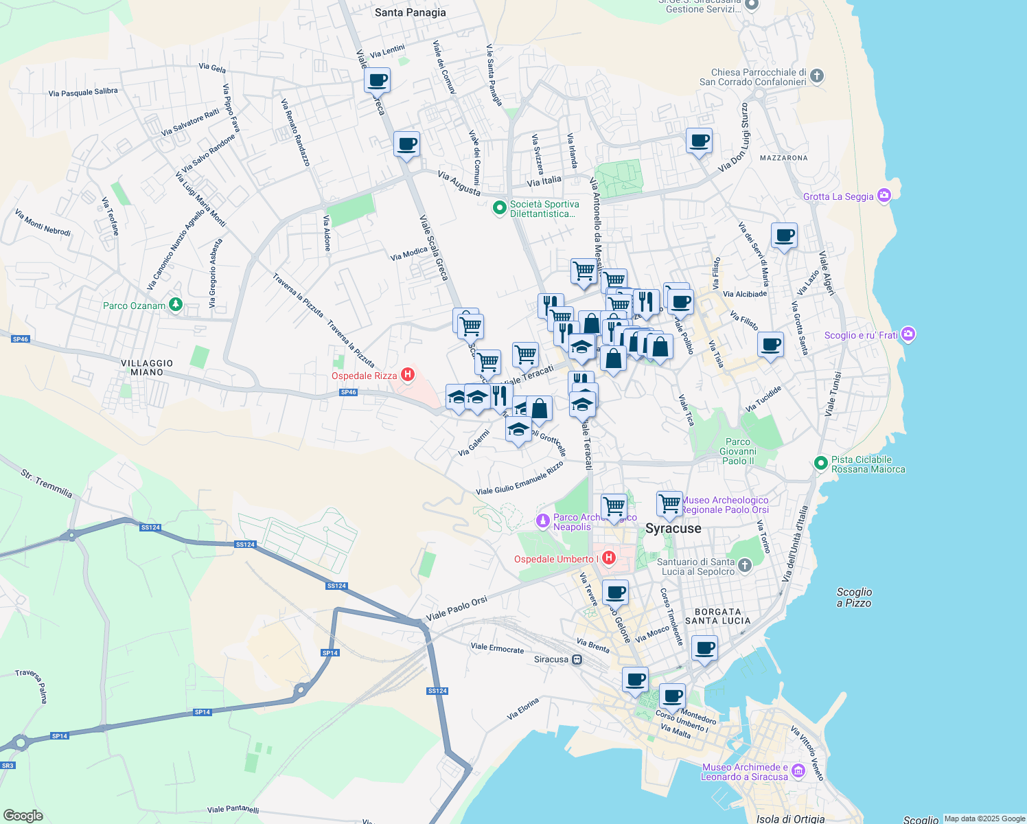 map of restaurants, bars, coffee shops, grocery stores, and more near 5 Via Augusto Murri in Syracuse