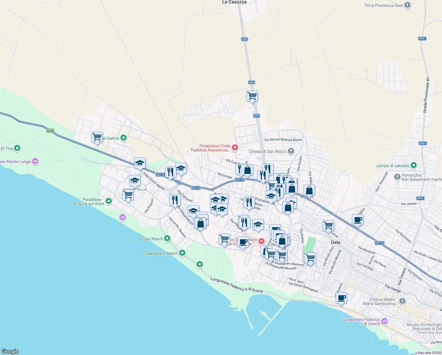 map of restaurants, bars, coffee shops, grocery stores, and more near 2 Via Roberto Rossellini in Gela