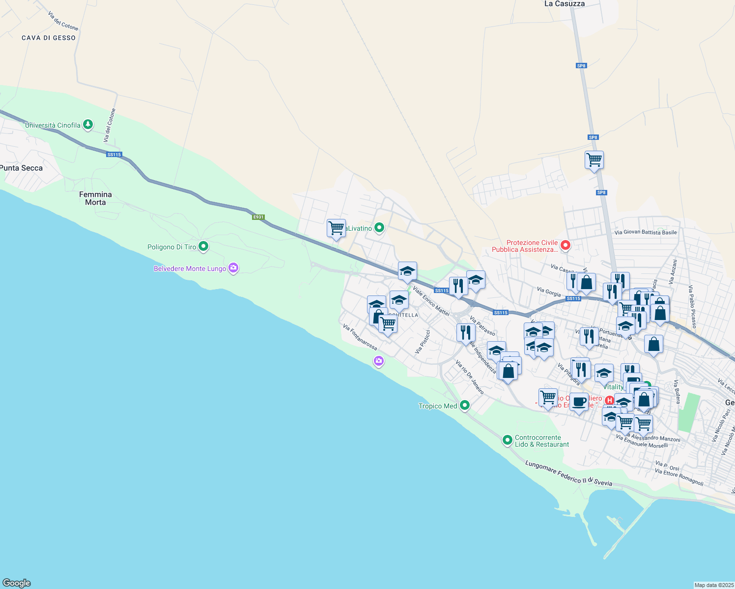 map of restaurants, bars, coffee shops, grocery stores, and more near 8 Via Sabbioncello in Gela