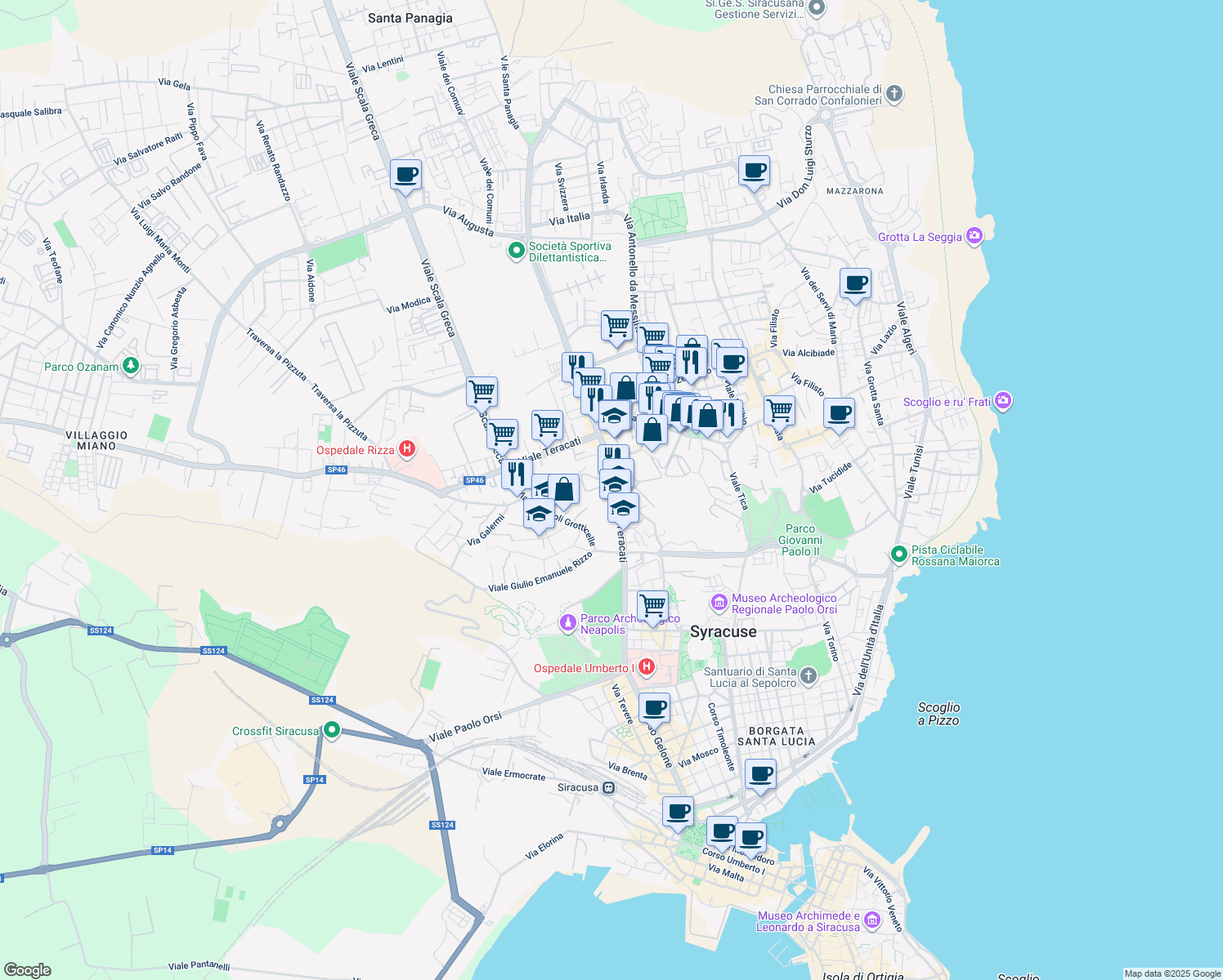 map of restaurants, bars, coffee shops, grocery stores, and more near 43 Viale Teracati in Siracusa