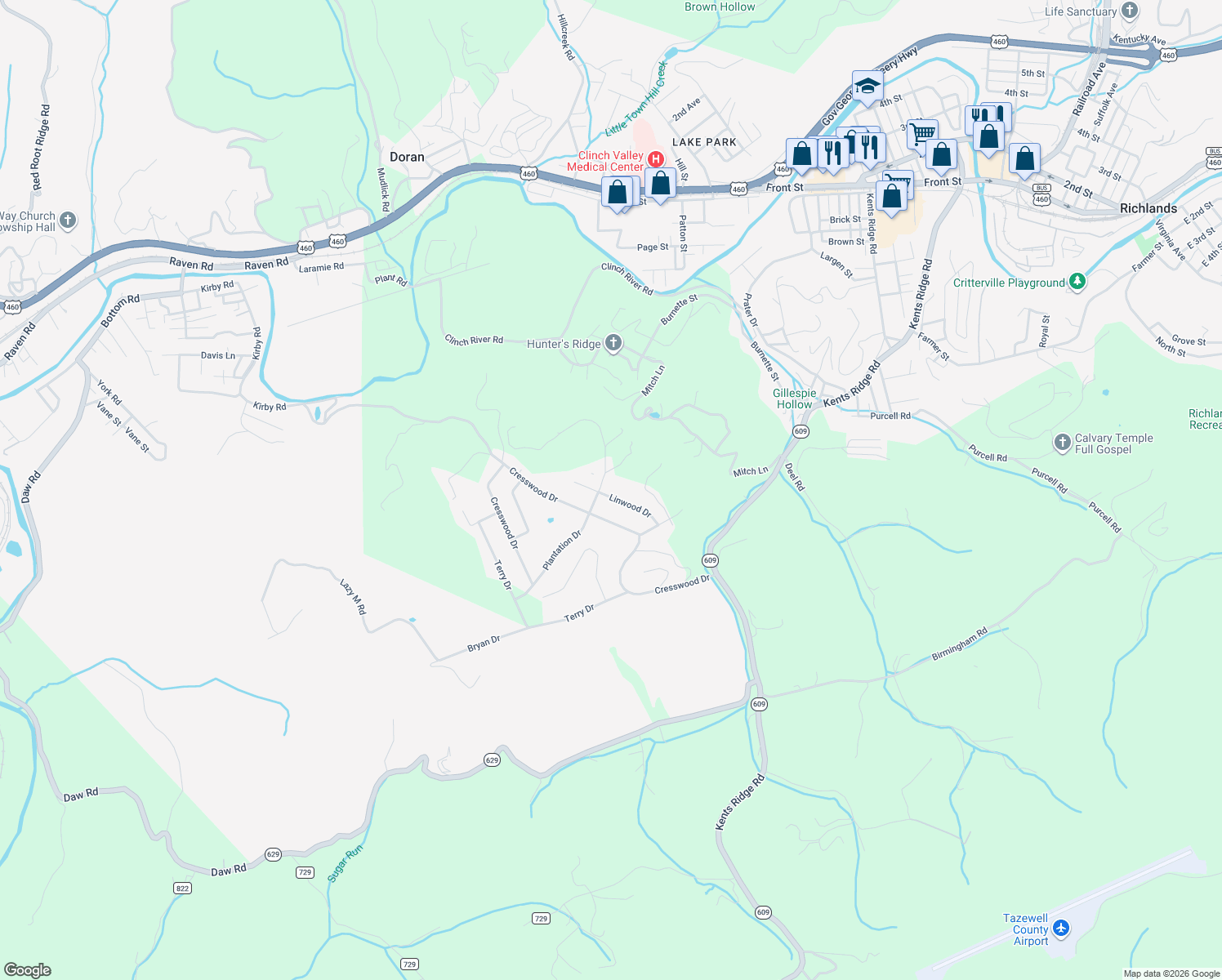 map of restaurants, bars, coffee shops, grocery stores, and more near 262 Linwood Dr in Richlands