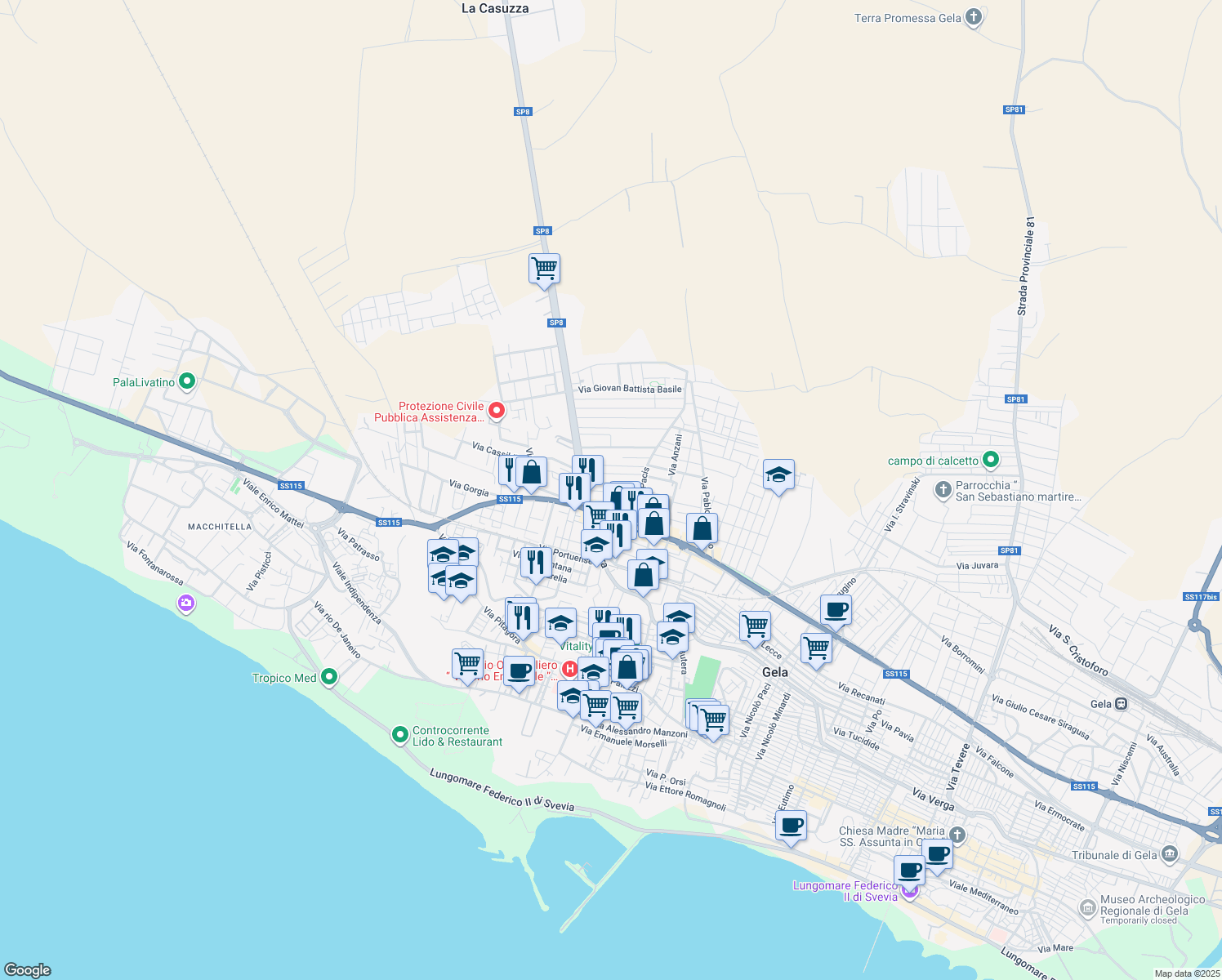 map of restaurants, bars, coffee shops, grocery stores, and more near 155 Strada Provinciale 8 in Gela