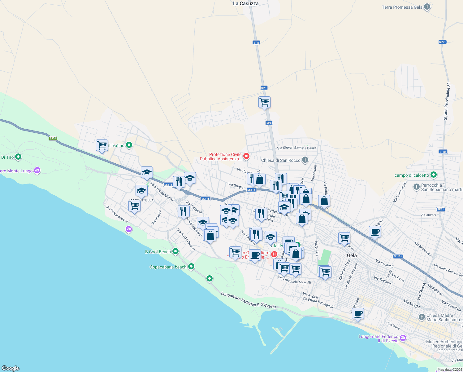 map of restaurants, bars, coffee shops, grocery stores, and more near 2 Via Roberto Rossellini in Gela