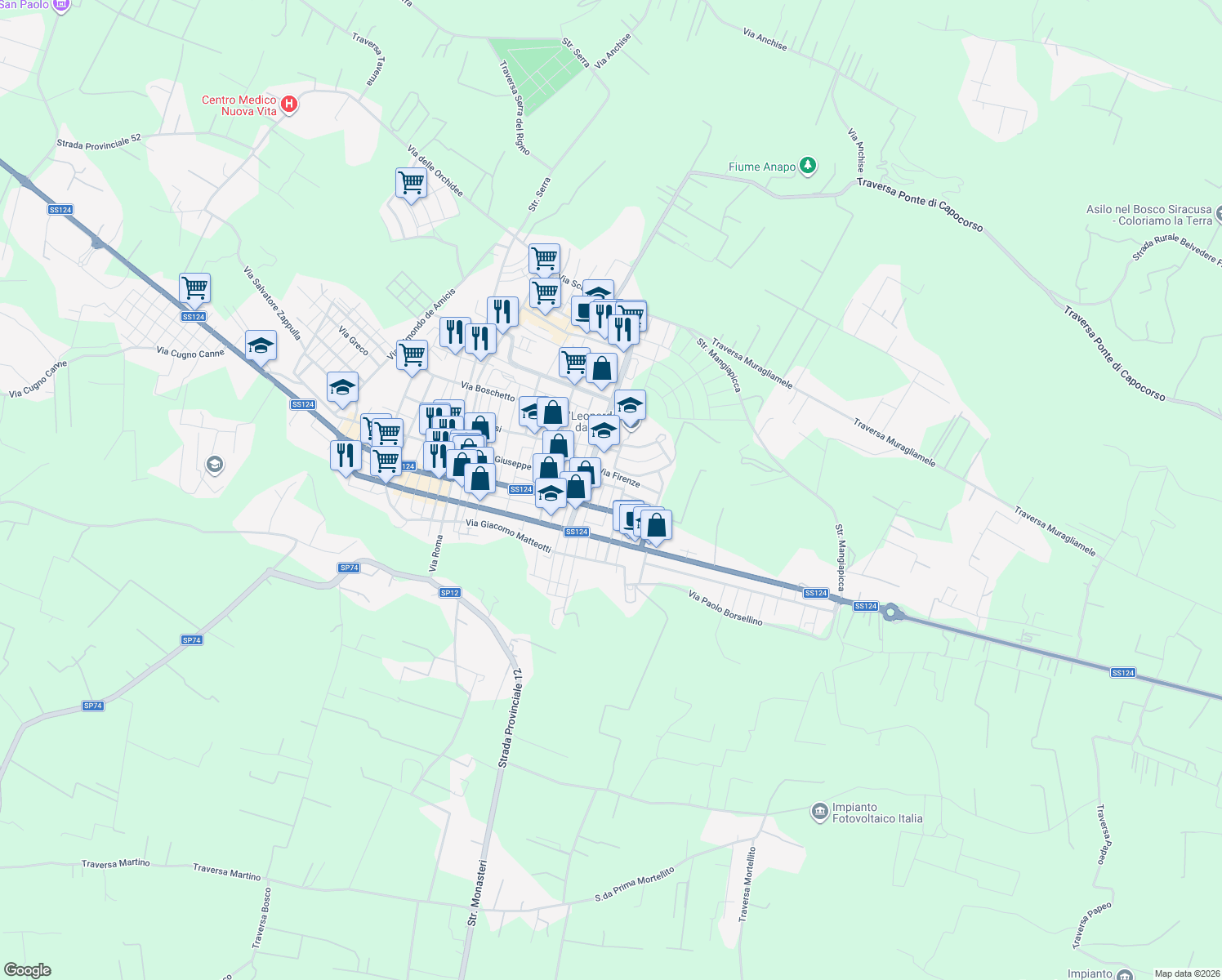 map of restaurants, bars, coffee shops, grocery stores, and more near 364 Via Giuseppe Giusti in Floridia