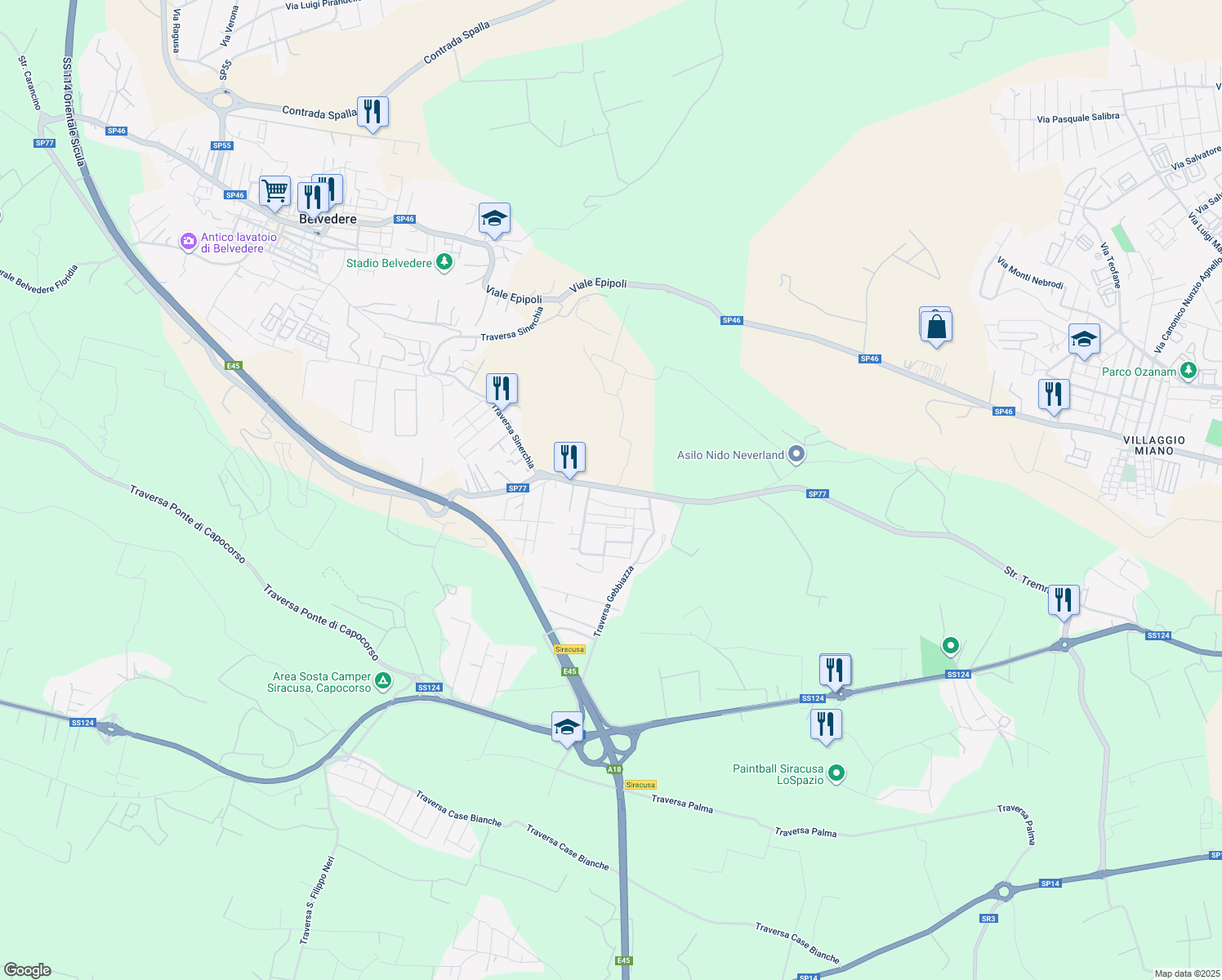 map of restaurants, bars, coffee shops, grocery stores, and more near 15 Strada Tremmilia in Siracusa