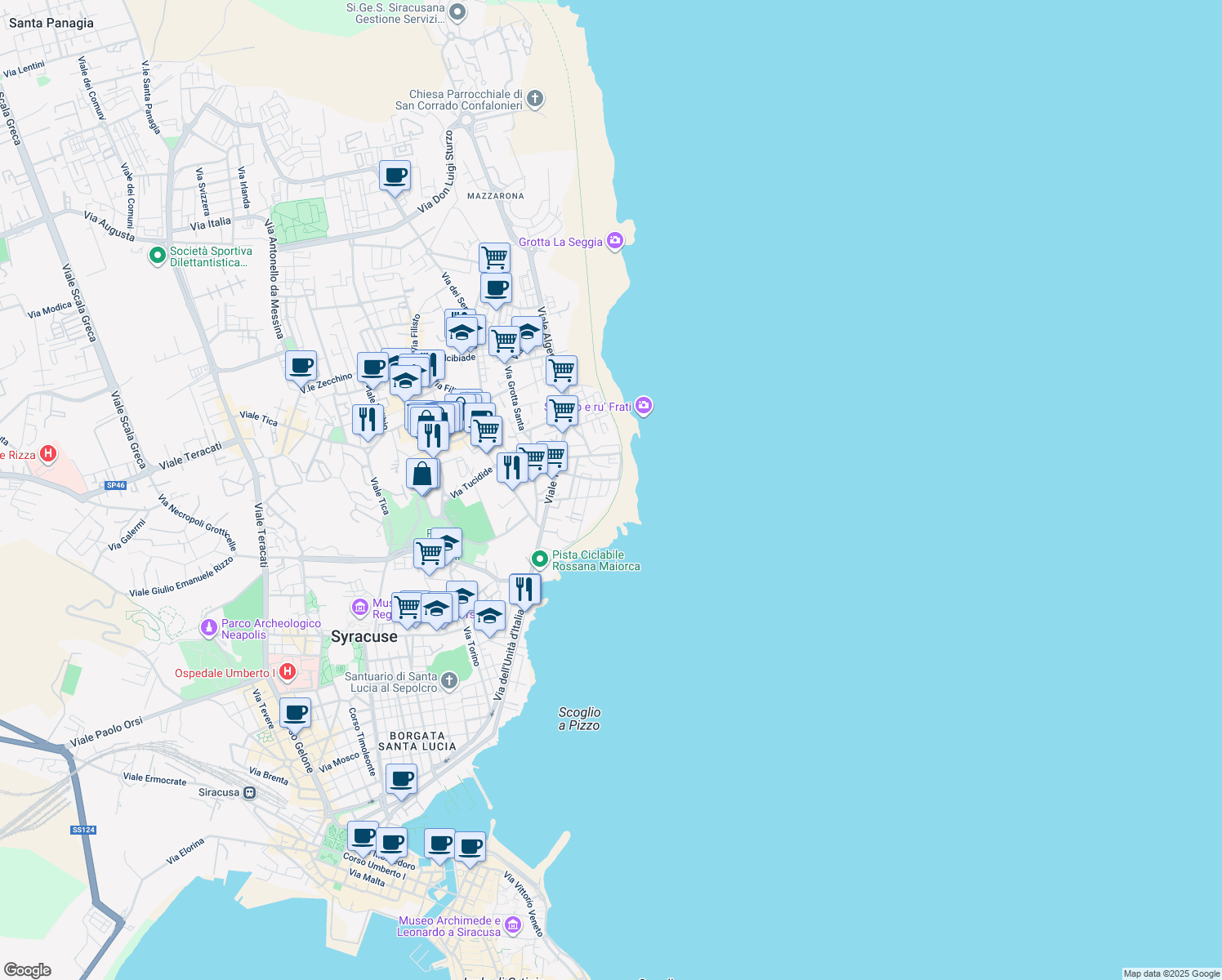 map of restaurants, bars, coffee shops, grocery stores, and more near 7 Via Liguria in Siracusa