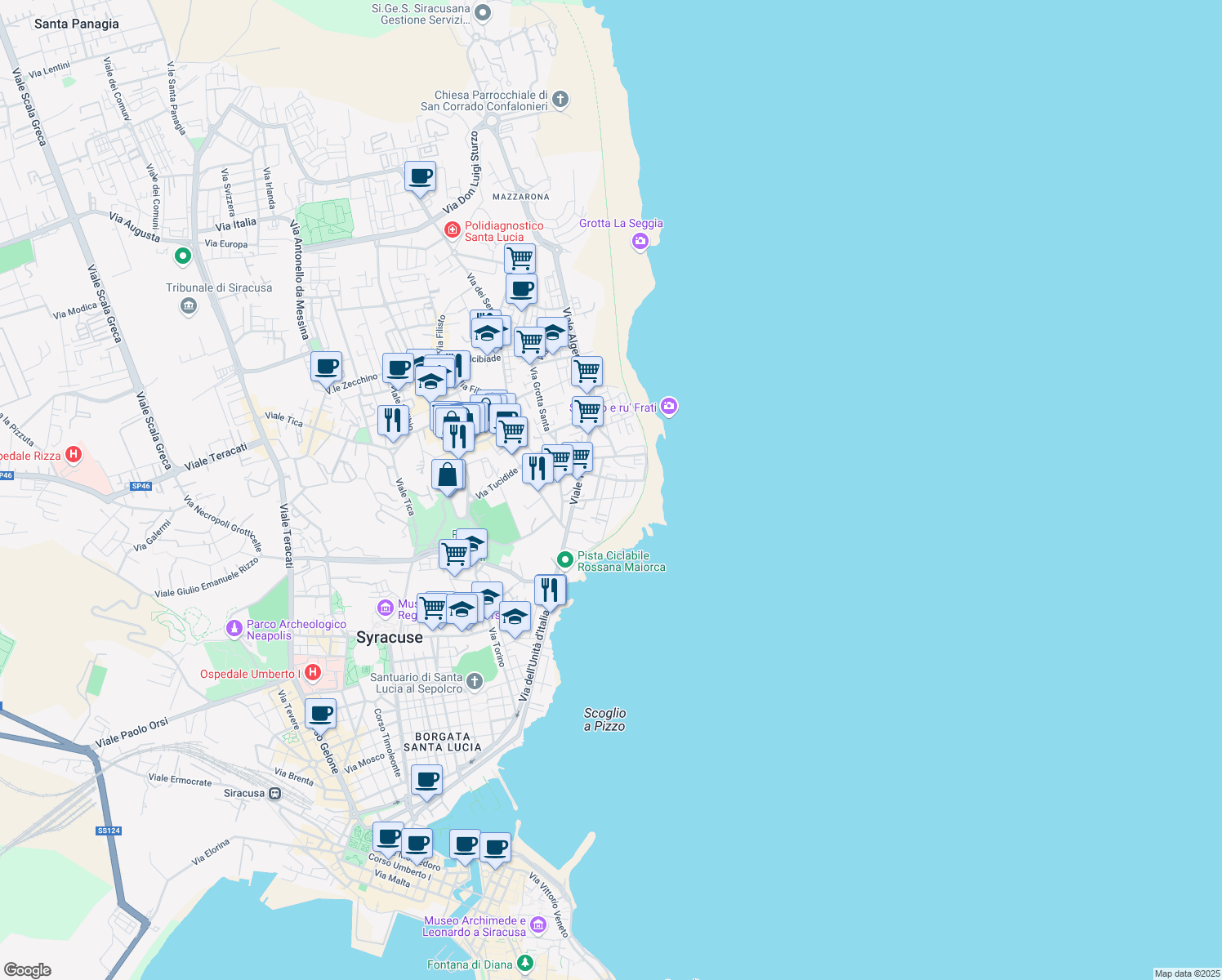 map of restaurants, bars, coffee shops, grocery stores, and more near 21 Via Lombardia in Siracusa