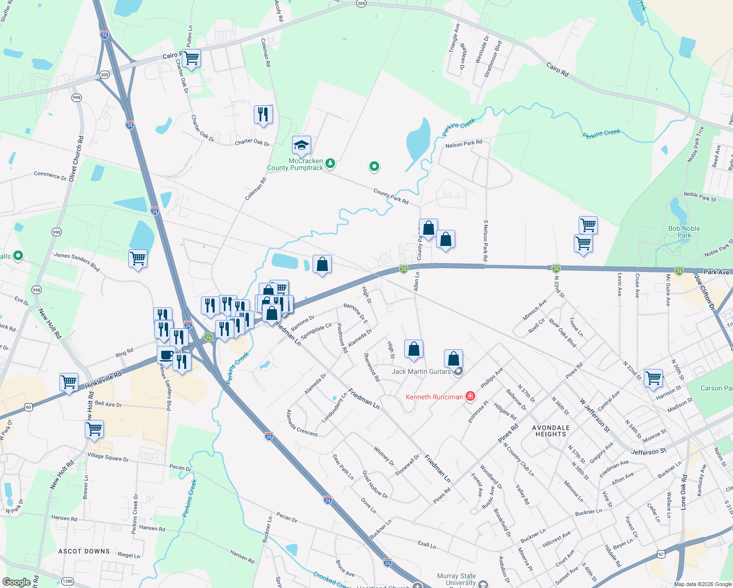 map of restaurants, bars, coffee shops, grocery stores, and more near 1373 High St in Paducah