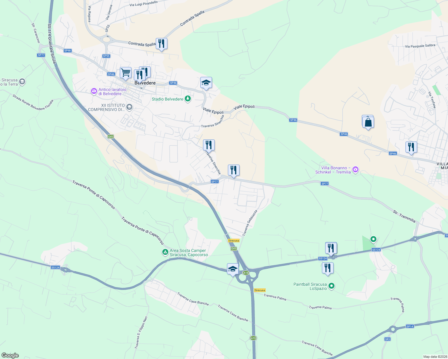 map of restaurants, bars, coffee shops, grocery stores, and more near 3 Strada Tremmilia in Siracusa
