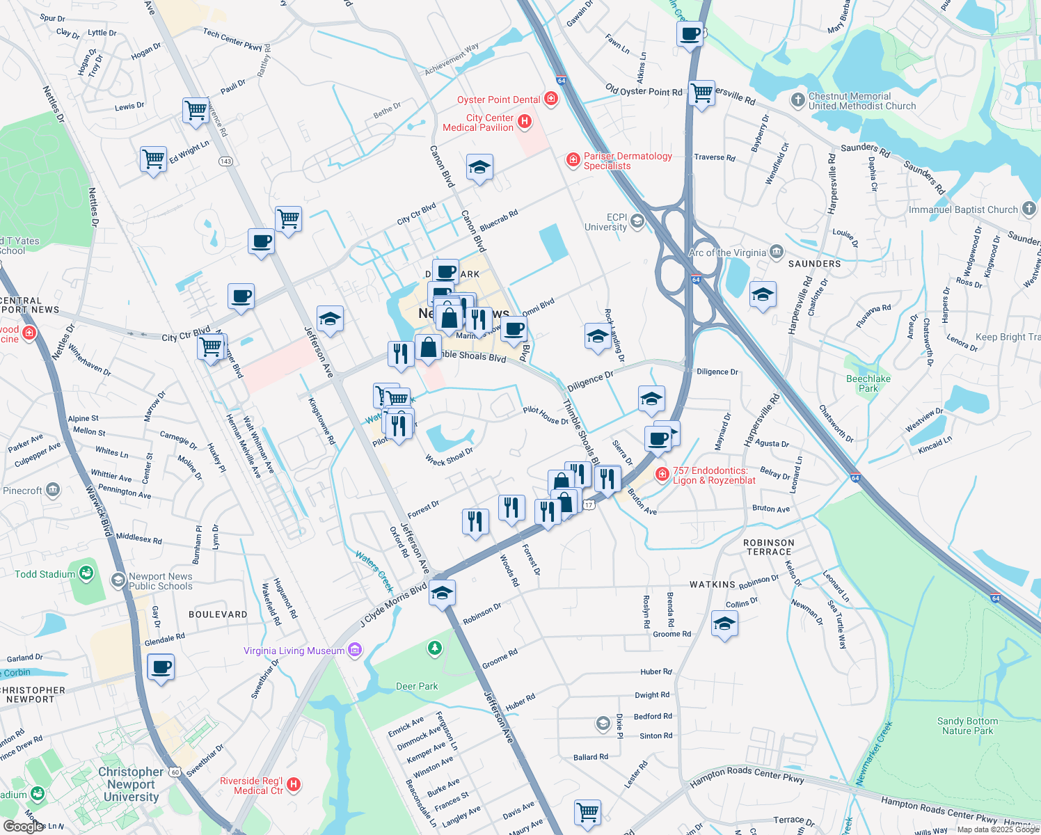 map of restaurants, bars, coffee shops, grocery stores, and more near 408 Nantucket Place in Newport News