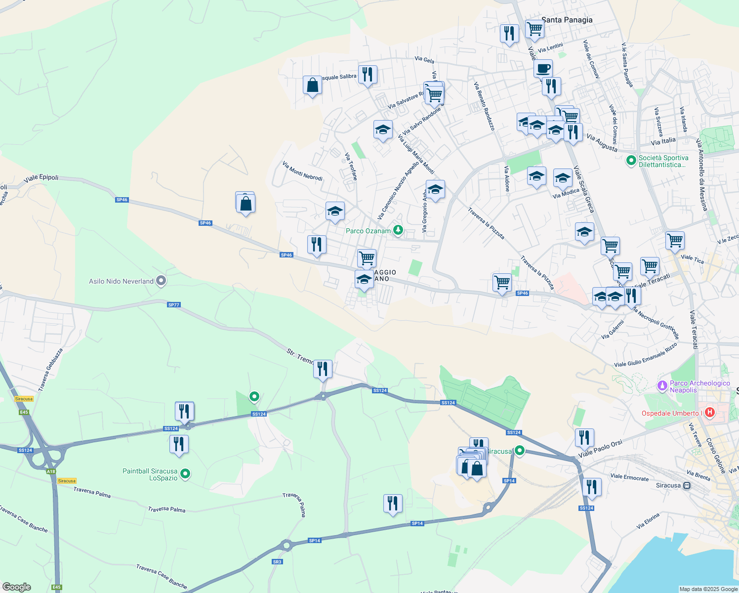 map of restaurants, bars, coffee shops, grocery stores, and more near 11 Via Monte Rosa in Provincia di Siracusa