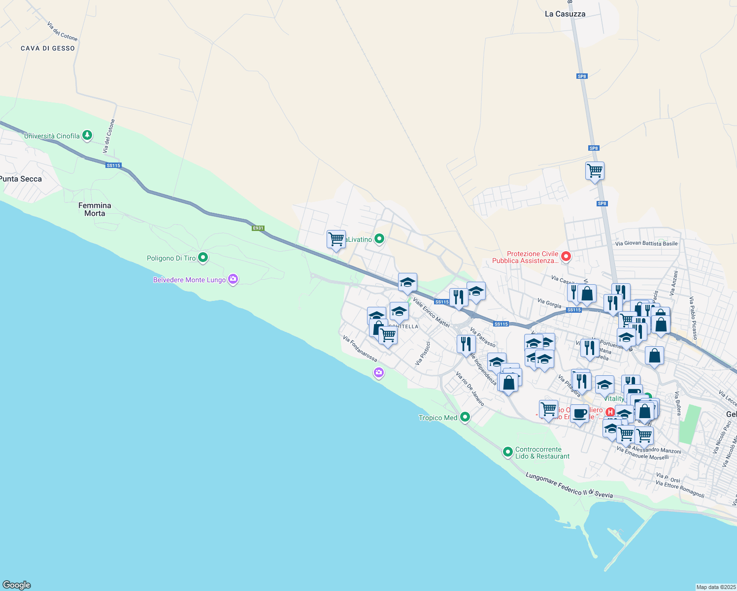 map of restaurants, bars, coffee shops, grocery stores, and more near 8 Via Sabbioncello in Gela