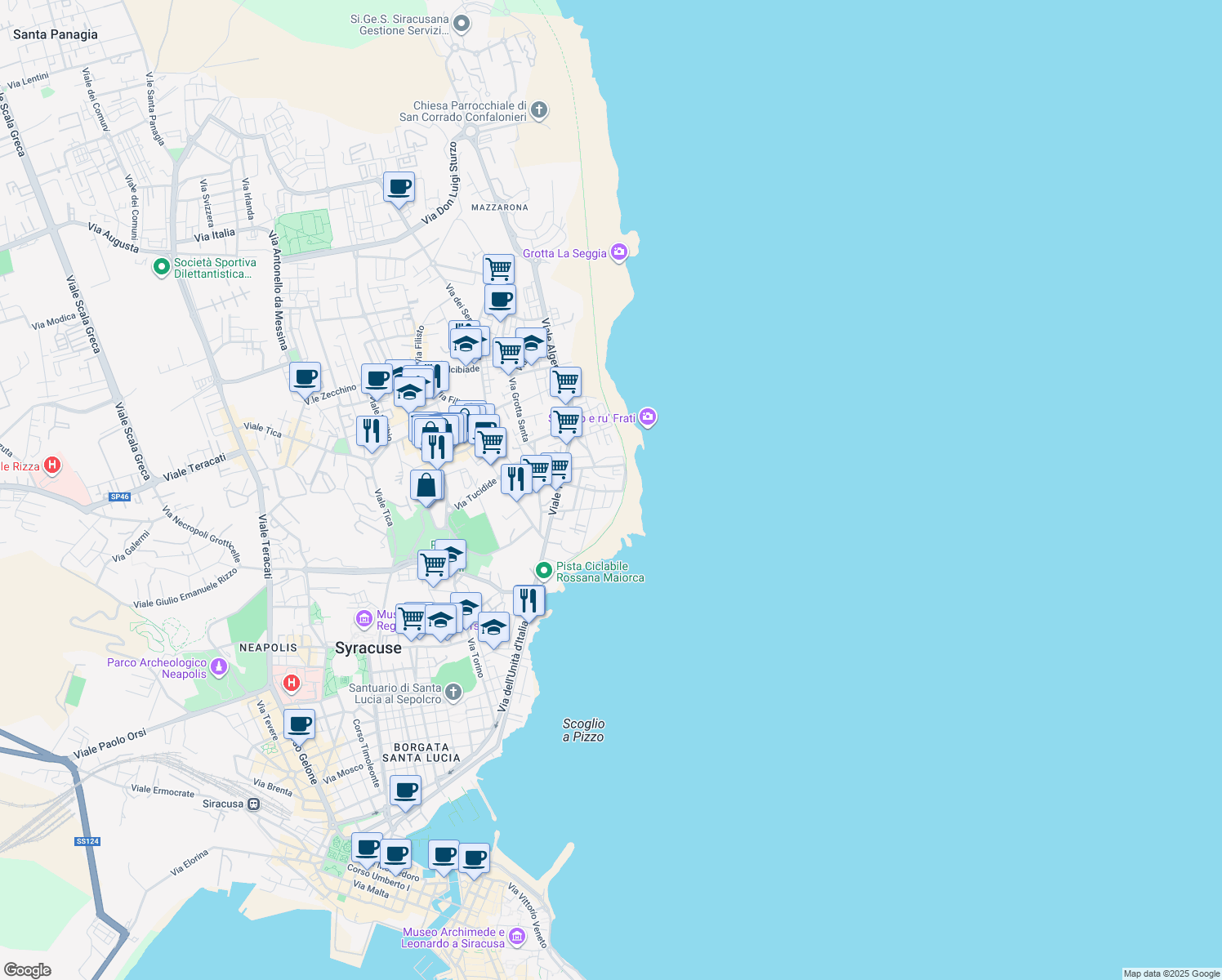 map of restaurants, bars, coffee shops, grocery stores, and more near 7 Via Liguria in Siracusa