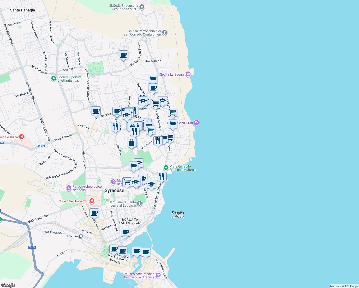 map of restaurants, bars, coffee shops, grocery stores, and more near 21 Via Lombardia in Siracusa