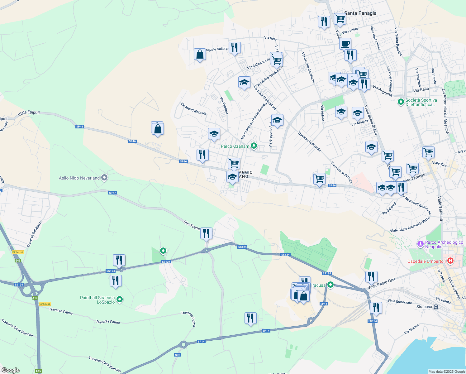 map of restaurants, bars, coffee shops, grocery stores, and more near 11 Via Monte Rosa in Libero consorzio comunale di Siracusa
