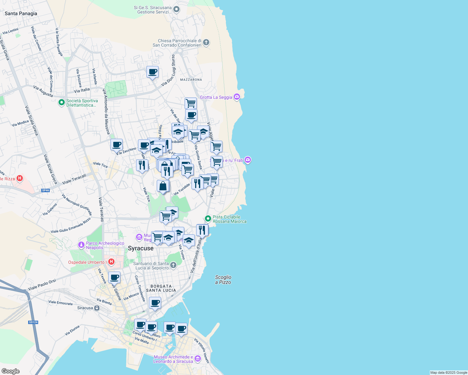 map of restaurants, bars, coffee shops, grocery stores, and more near 7 Via Liguria in Siracusa