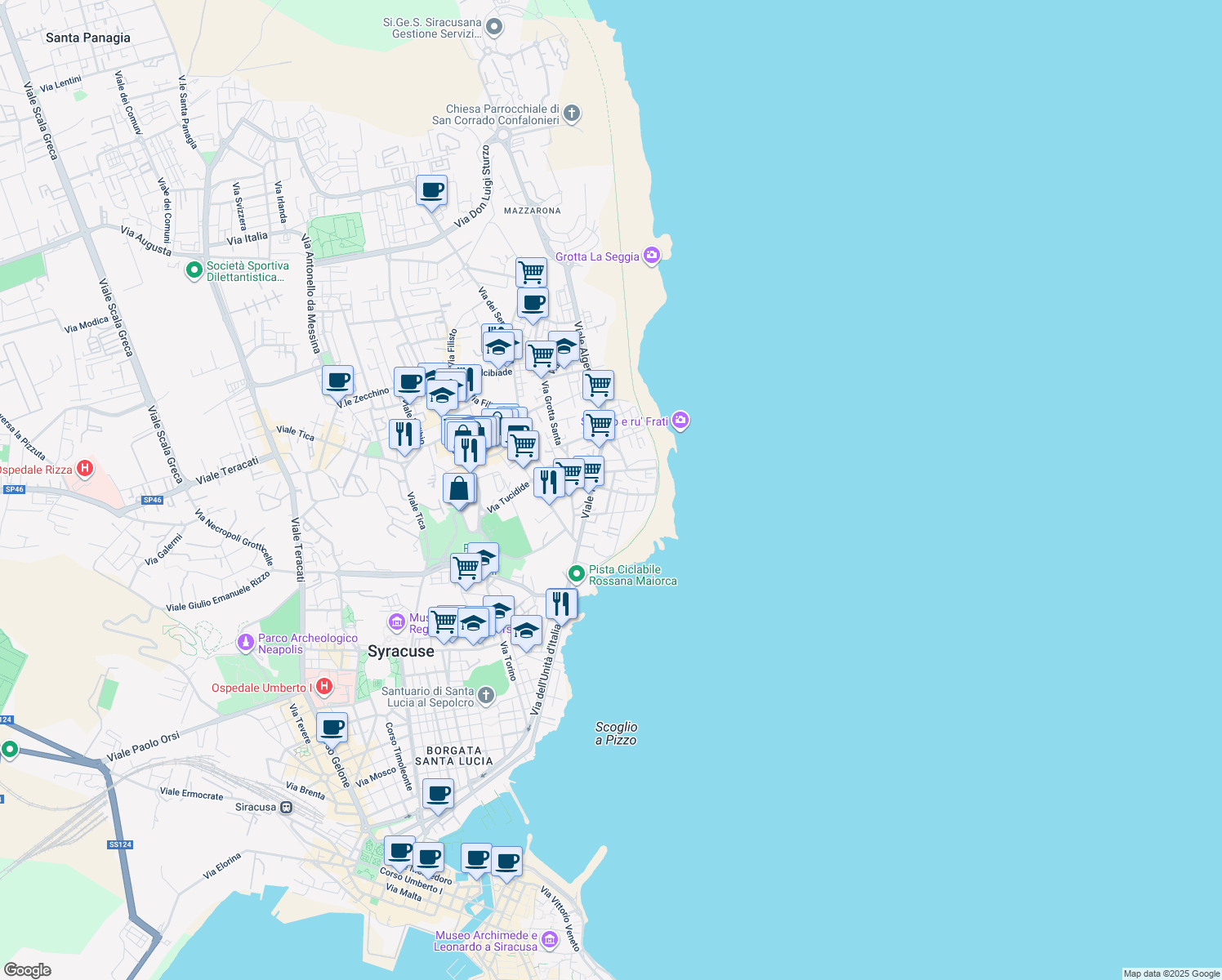 map of restaurants, bars, coffee shops, grocery stores, and more near 21 Via Lombardia in Siracusa