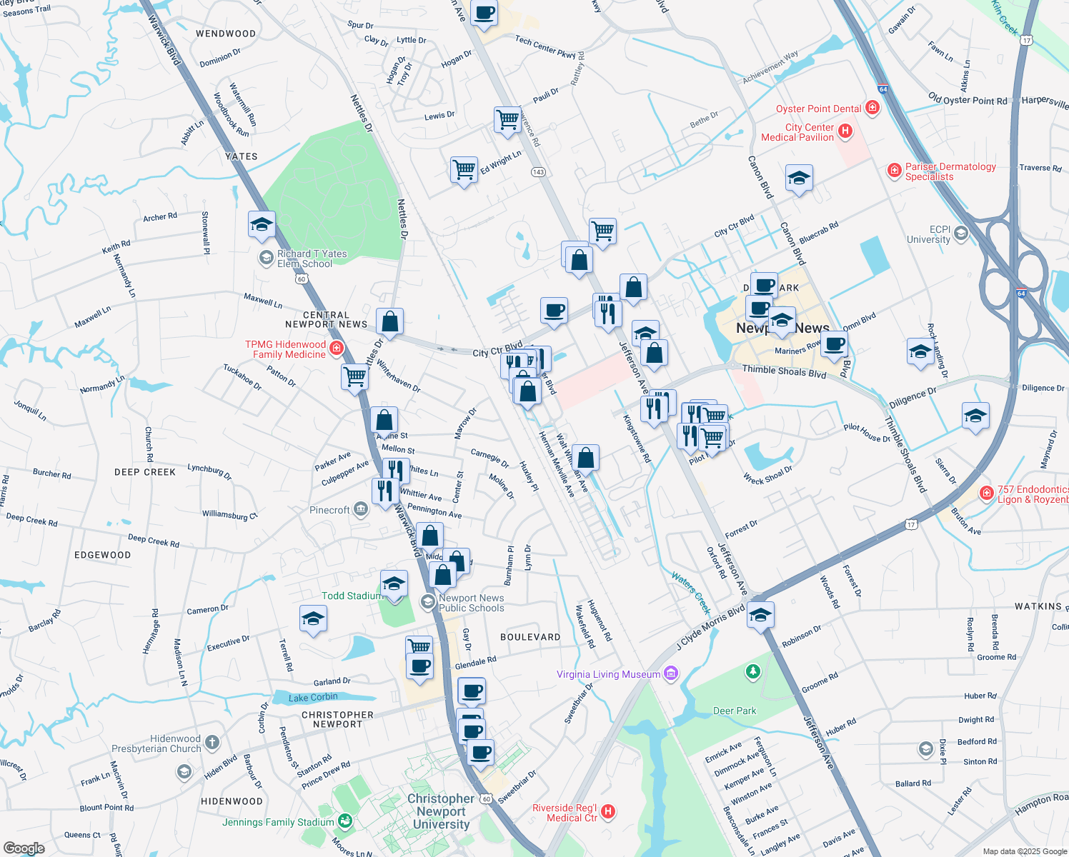 map of restaurants, bars, coffee shops, grocery stores, and more near 213 Herman Melville Avenue in Newport News