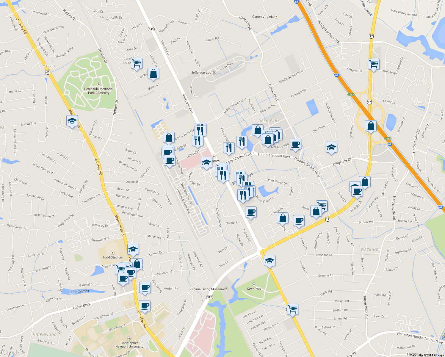 map of restaurants, bars, coffee shops, grocery stores, and more near 11751 Jefferson Ave in Newport News