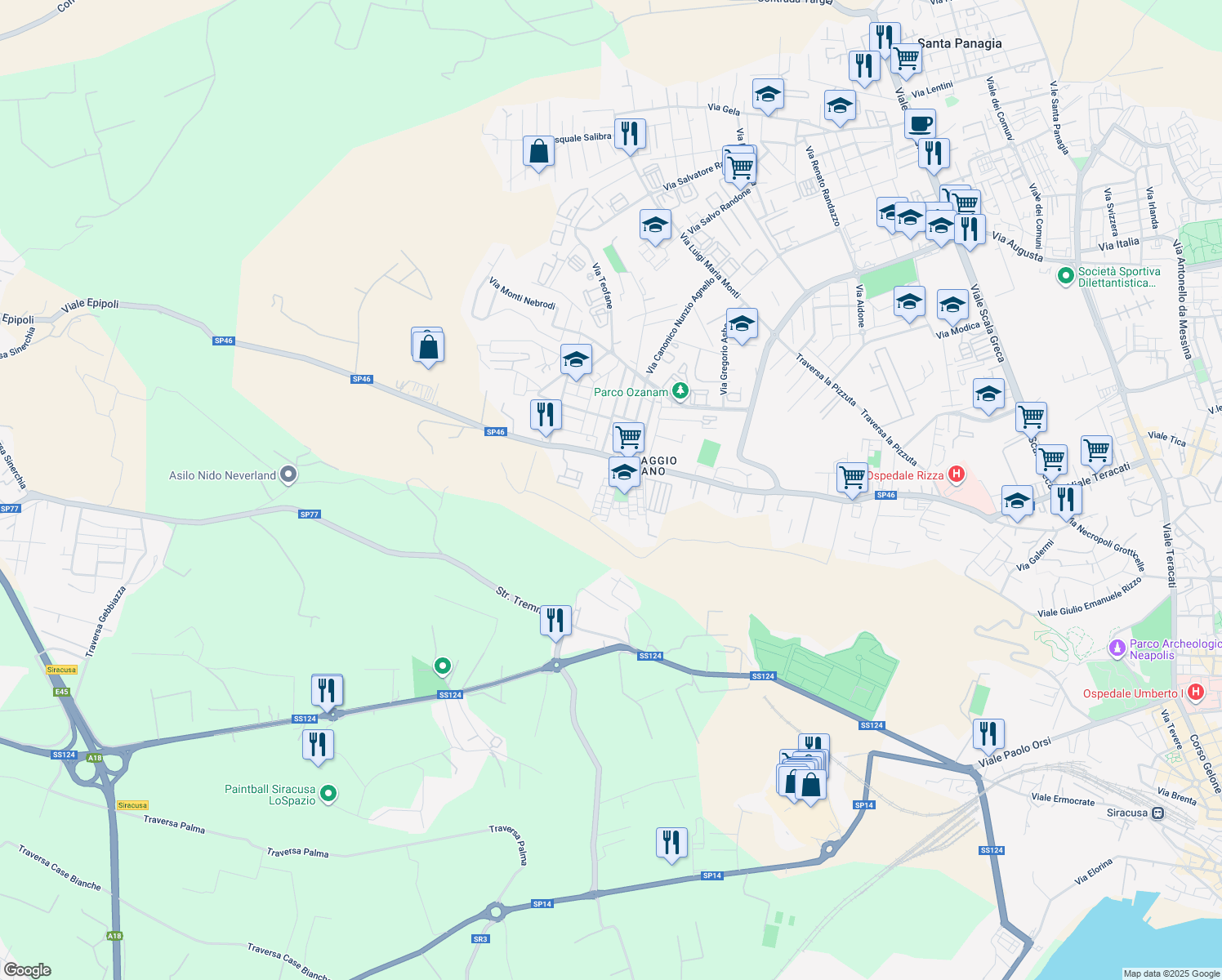 map of restaurants, bars, coffee shops, grocery stores, and more near 6 Via Monte Bianco in Siracusa
