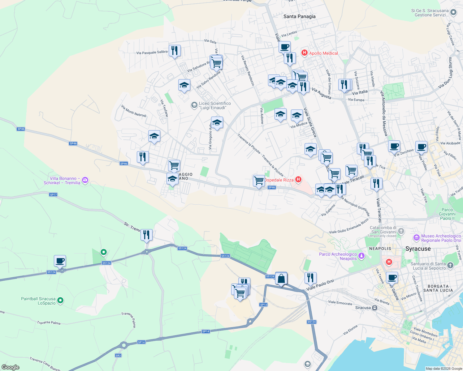 map of restaurants, bars, coffee shops, grocery stores, and more near 106 Viale Epipoli in Siracusa