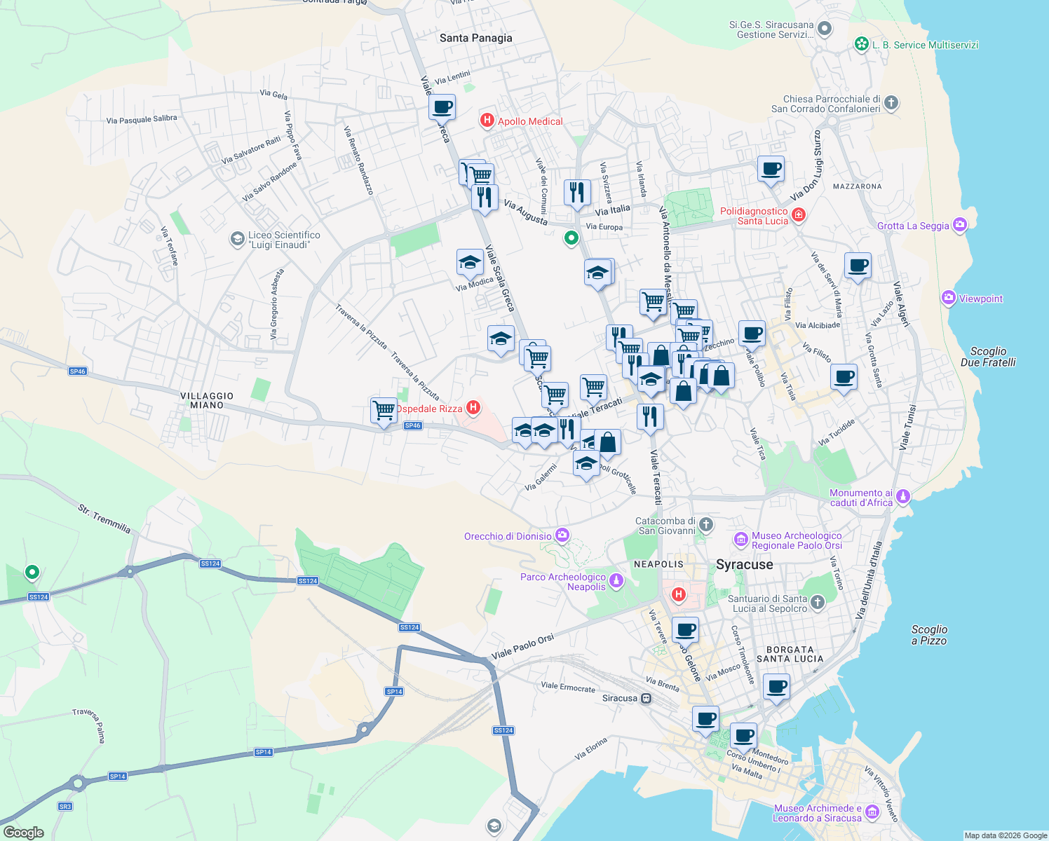 map of restaurants, bars, coffee shops, grocery stores, and more near 32 Via di Villa Ortisi in Siracusa