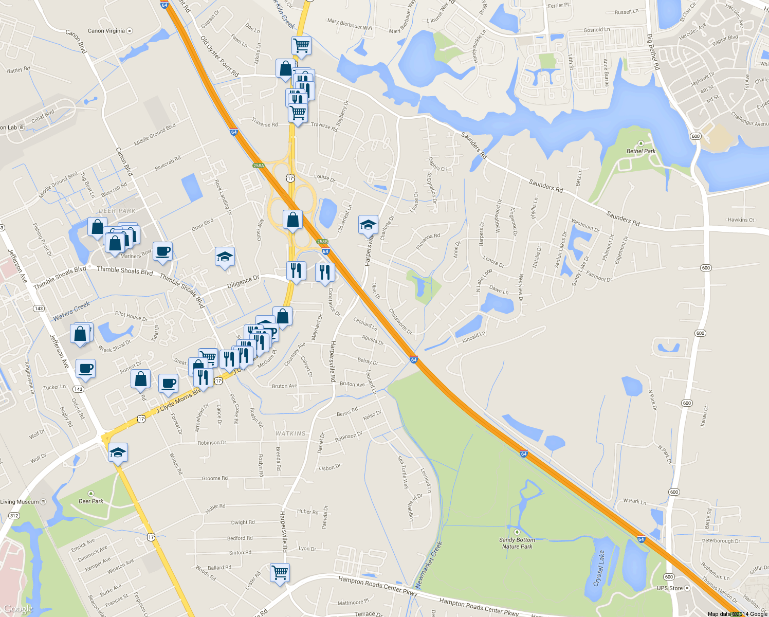 map of restaurants, bars, coffee shops, grocery stores, and more near 821 Chatsworth Dr in Newport News
