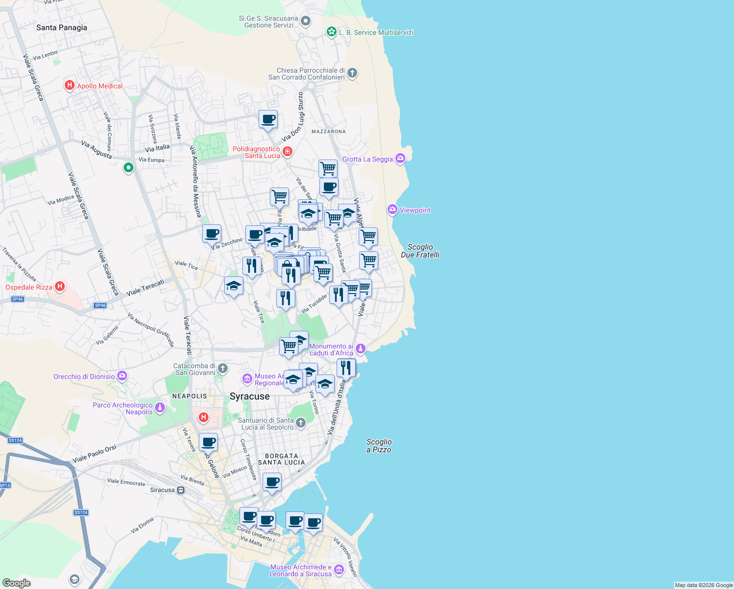 map of restaurants, bars, coffee shops, grocery stores, and more near 65 Via Diodoro Siculo in Siracusa