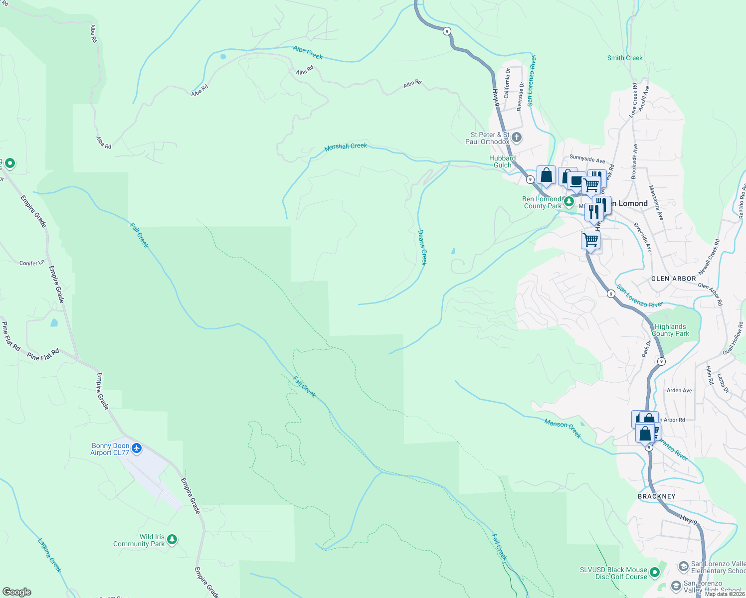 map of restaurants, bars, coffee shops, grocery stores, and more near 605 Waldeberg Road in Ben Lomond