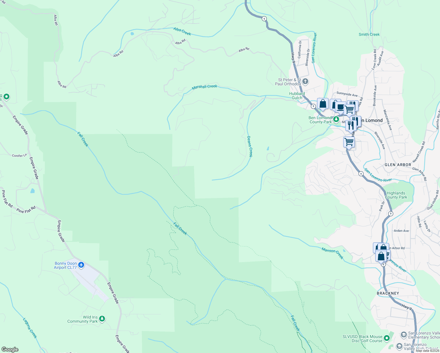 map of restaurants, bars, coffee shops, grocery stores, and more near 605 Waldeberg Road in Ben Lomond