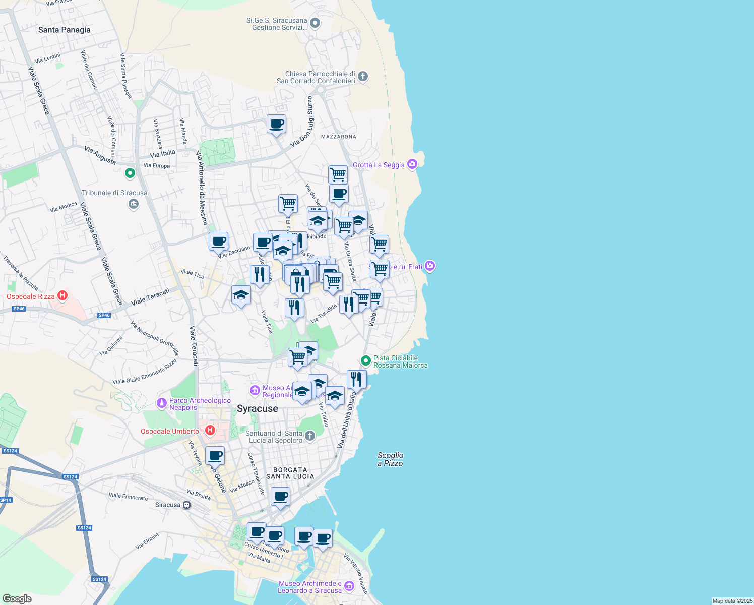 map of restaurants, bars, coffee shops, grocery stores, and more near 65 Via Diodoro Siculo in Siracusa