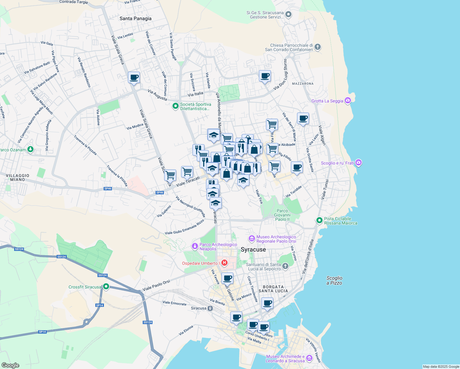 map of restaurants, bars, coffee shops, grocery stores, and more near 161 Viale Tica in Siracusa
