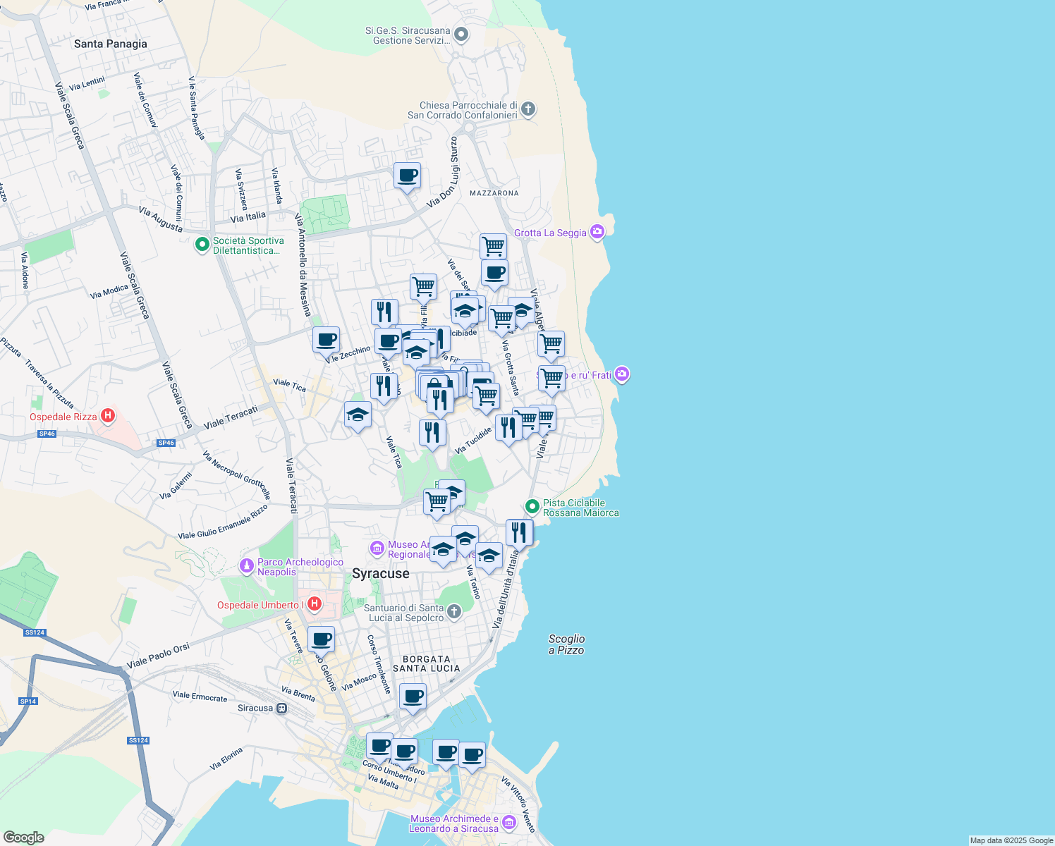 map of restaurants, bars, coffee shops, grocery stores, and more near 57 Via Grottasanta in Syracuse