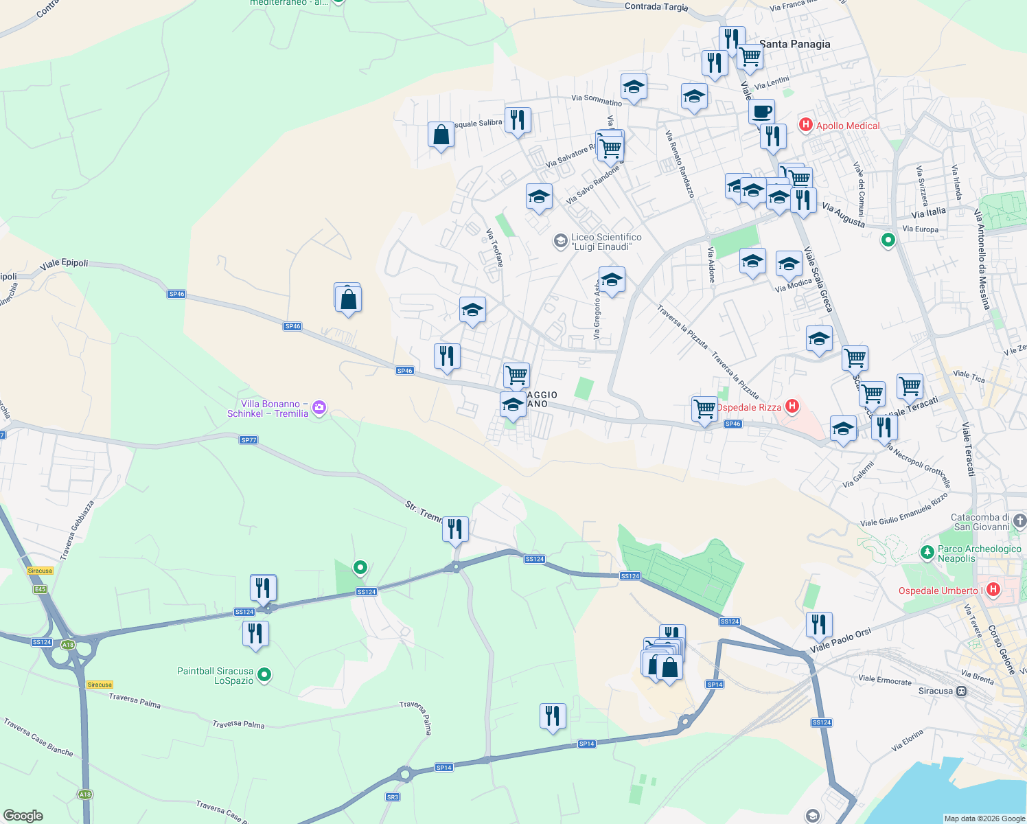 map of restaurants, bars, coffee shops, grocery stores, and more near 6 Via Monte Bianco in Siracusa