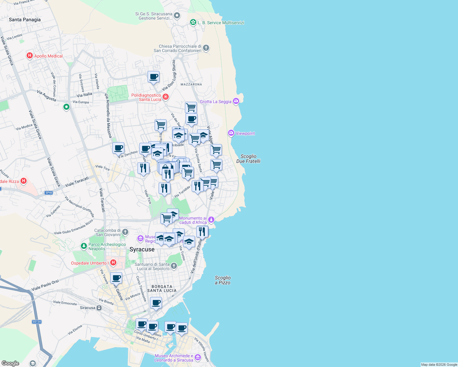 map of restaurants, bars, coffee shops, grocery stores, and more near 48 Via Dalmazia in Siracusa