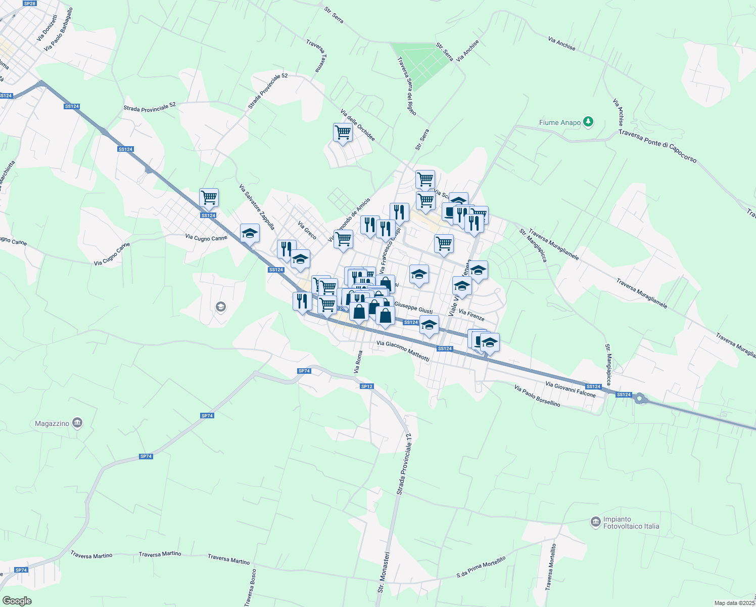 map of restaurants, bars, coffee shops, grocery stores, and more near 172 Via Giuseppe Giusti in Floridia