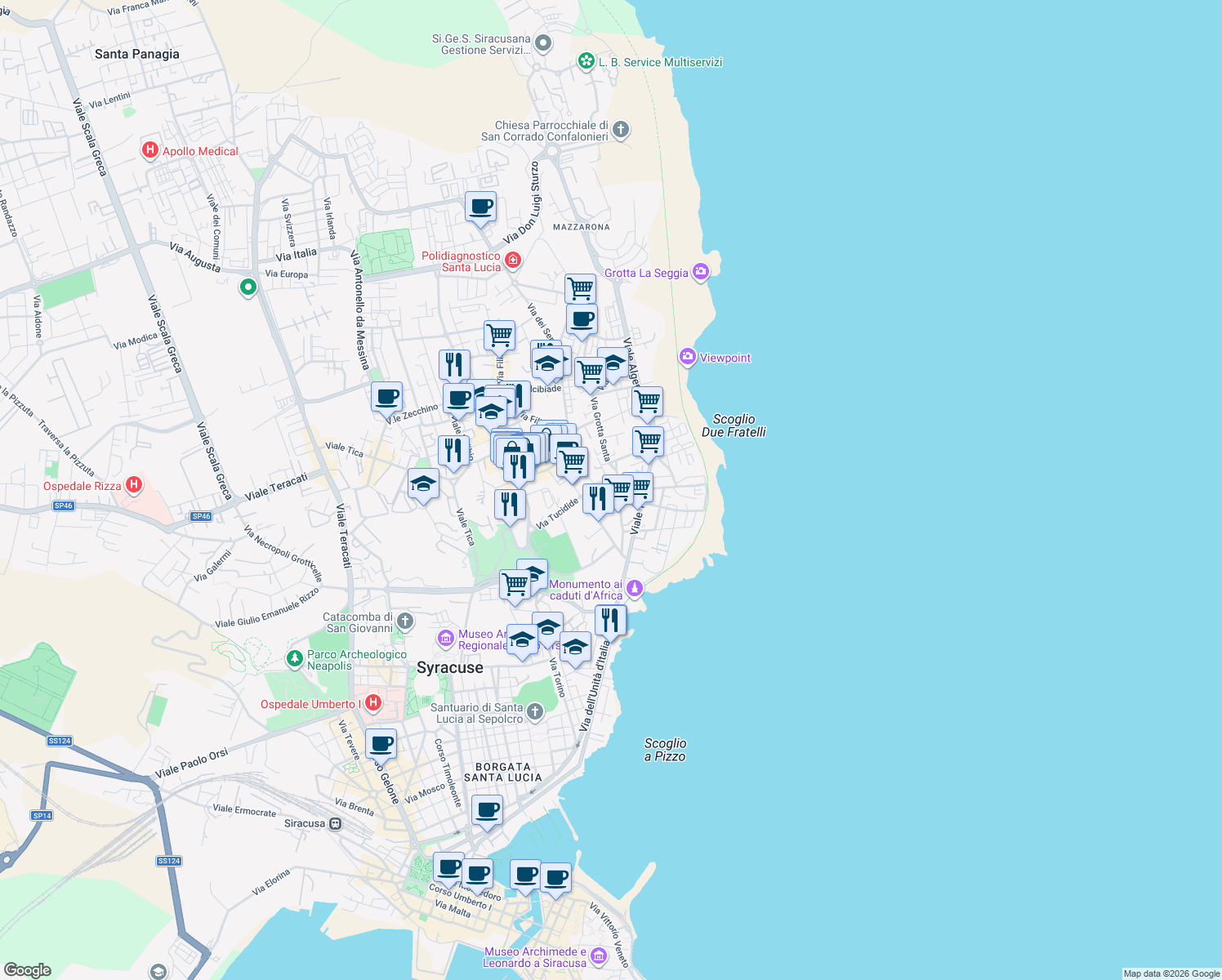 map of restaurants, bars, coffee shops, grocery stores, and more near 57 Via Grottasanta in Syracuse