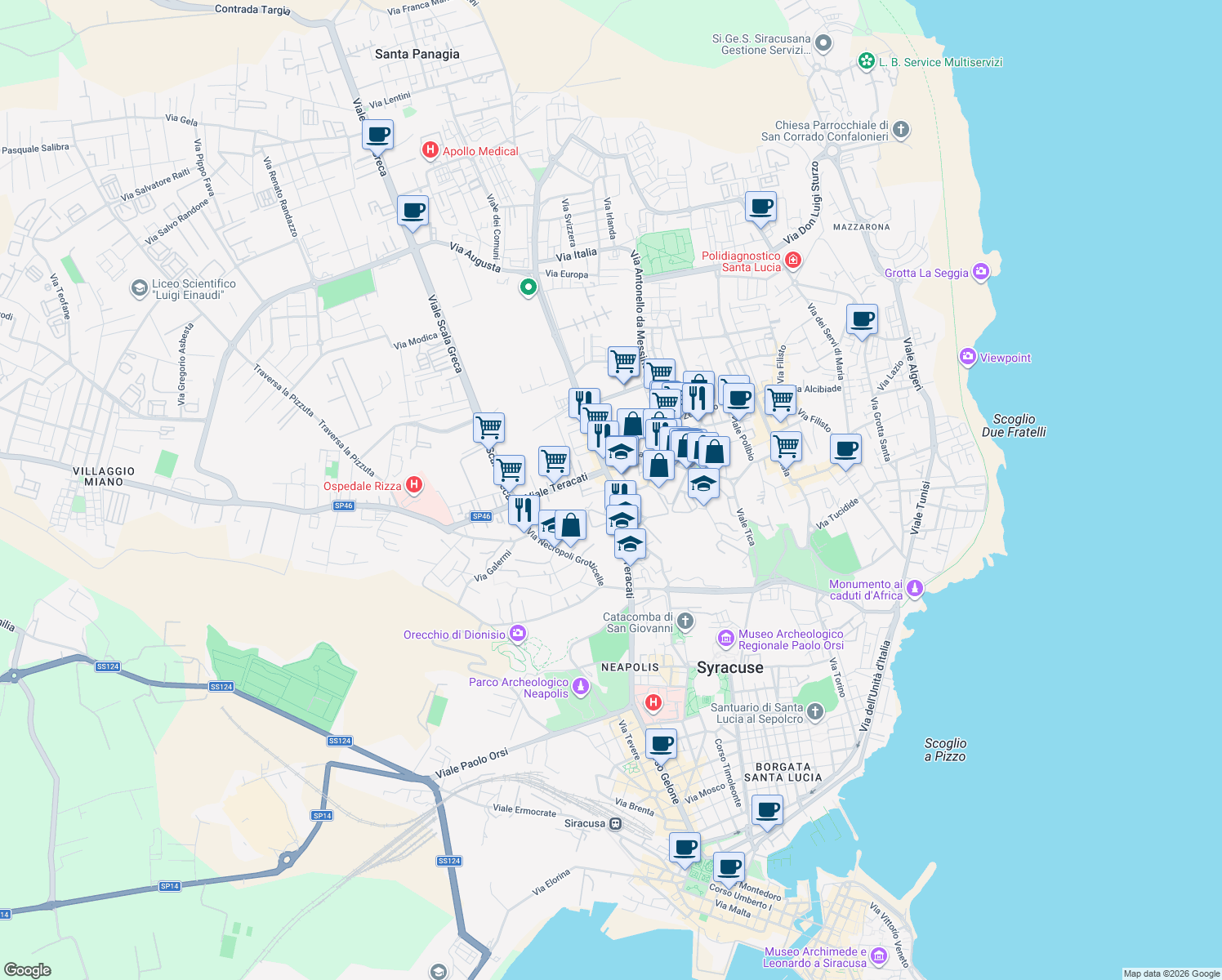 map of restaurants, bars, coffee shops, grocery stores, and more near 65 Viale Teracati in Siracusa