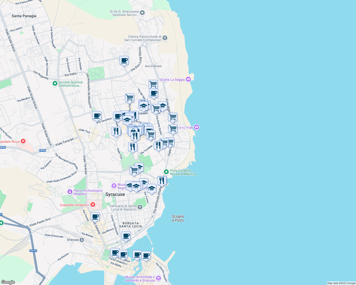 map of restaurants, bars, coffee shops, grocery stores, and more near 48 Via Dalmazia in Siracusa