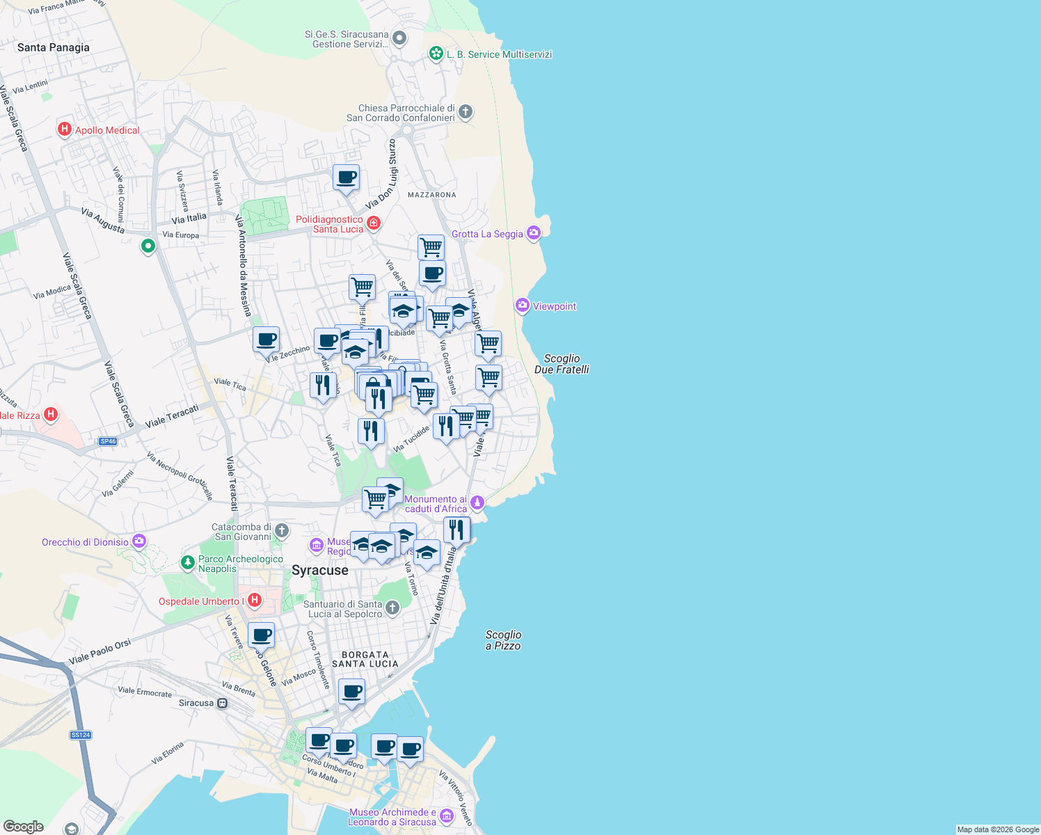 map of restaurants, bars, coffee shops, grocery stores, and more near 48 Via Dalmazia in Siracusa