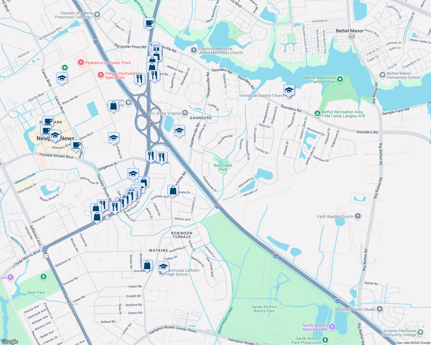 map of restaurants, bars, coffee shops, grocery stores, and more near 238 Eubank Cir in Newport News