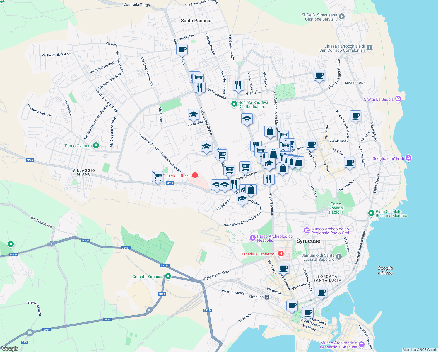 map of restaurants, bars, coffee shops, grocery stores, and more near 32 Via di Villa Ortisi in Siracusa