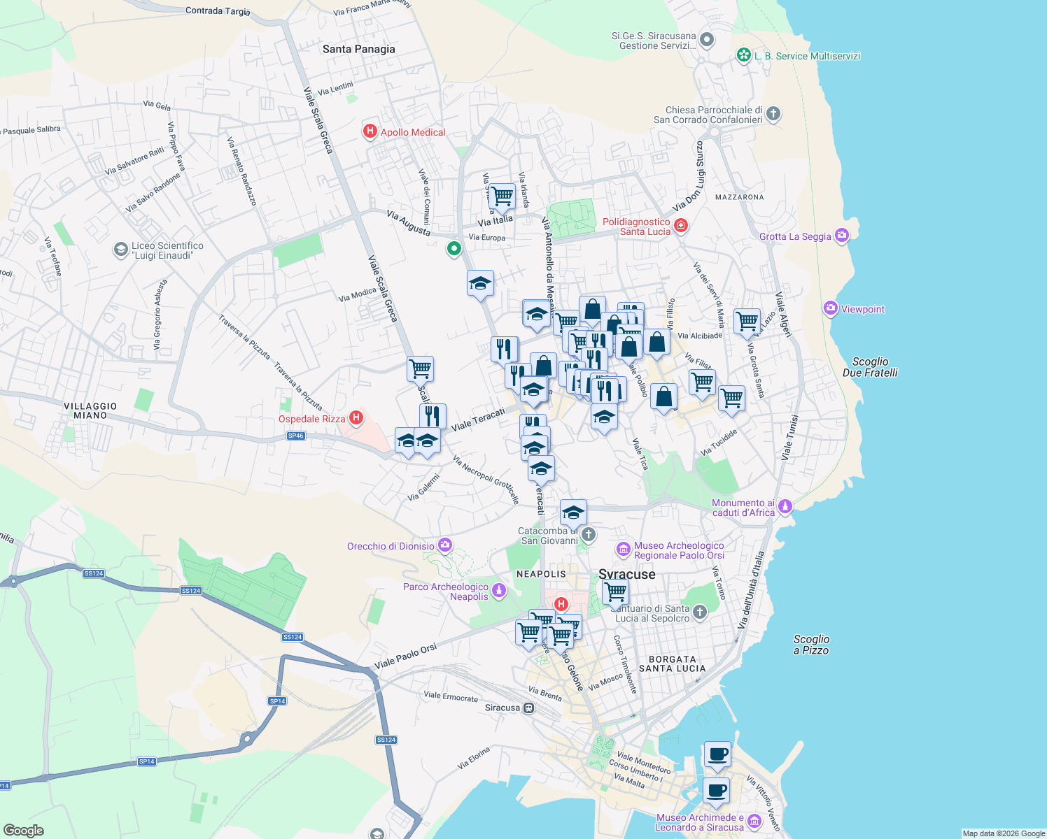map of restaurants, bars, coffee shops, grocery stores, and more near 65 Viale Teracati in Siracusa