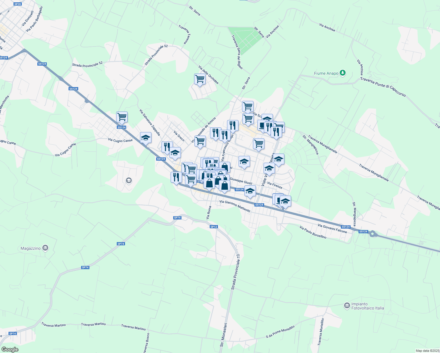 map of restaurants, bars, coffee shops, grocery stores, and more near 172 Via Giuseppe Giusti in Floridia