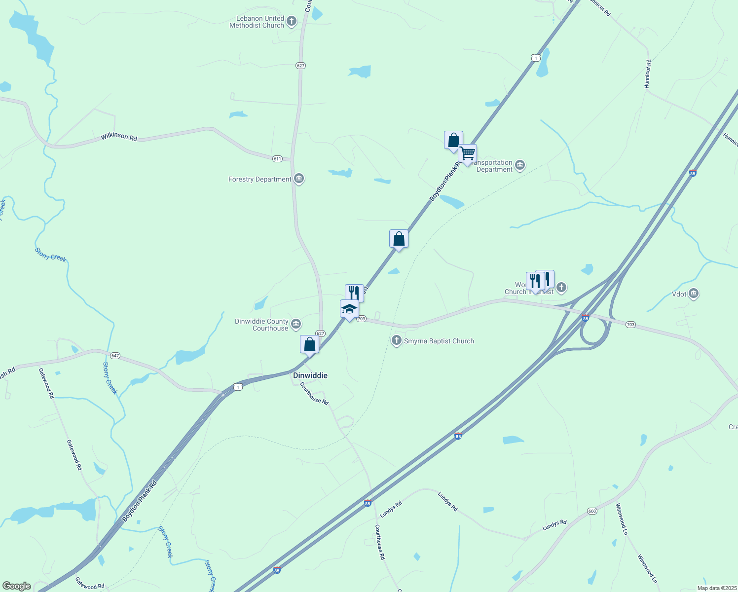 map of restaurants, bars, coffee shops, grocery stores, and more near 13707 Boydton Plank Rd in Dinwiddie