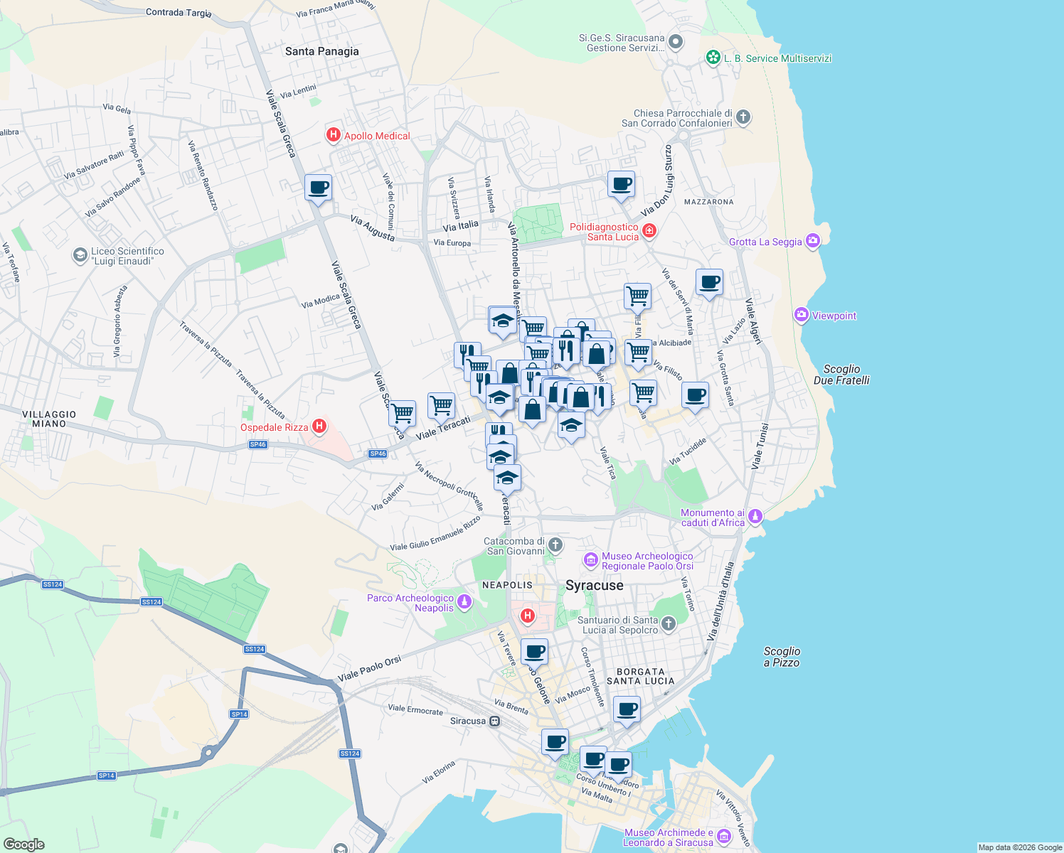map of restaurants, bars, coffee shops, grocery stores, and more near 161 Viale Tica in Siracusa